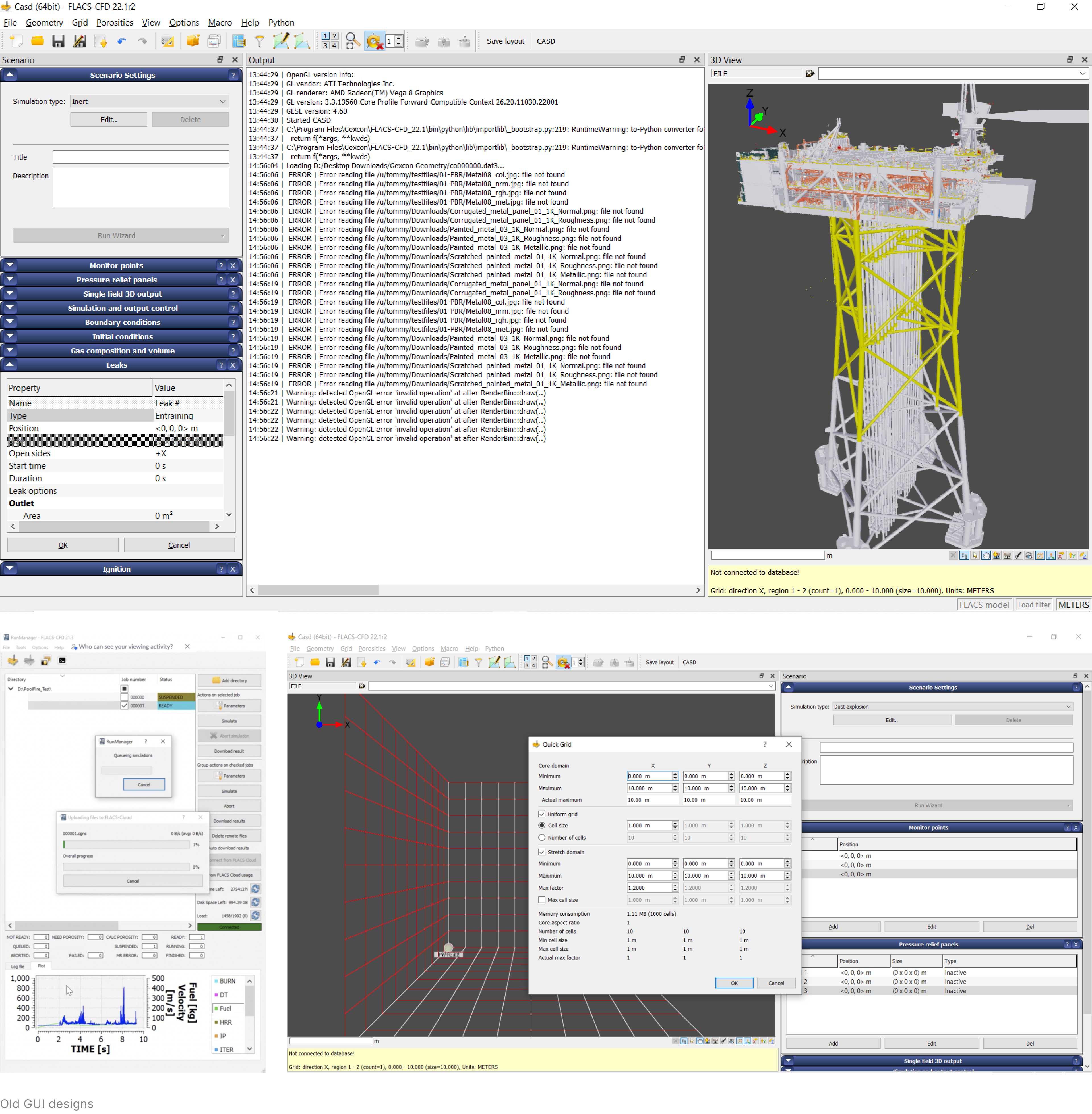 Screenshots von einer alten Benutzeroberfläche einer CFD-Simulationssoftware.